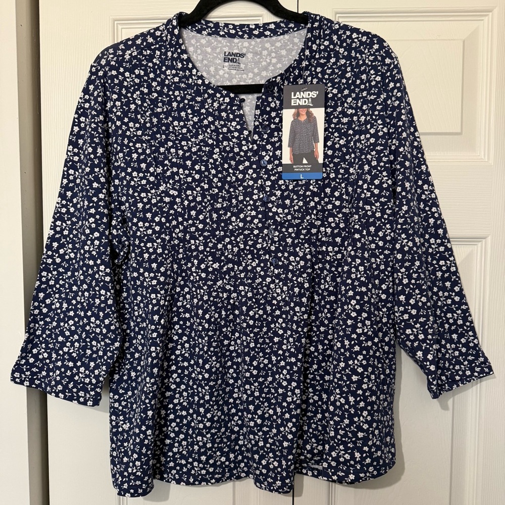 Lands' End Women's Floral Button Front Pintuck Top, Navy, Size L